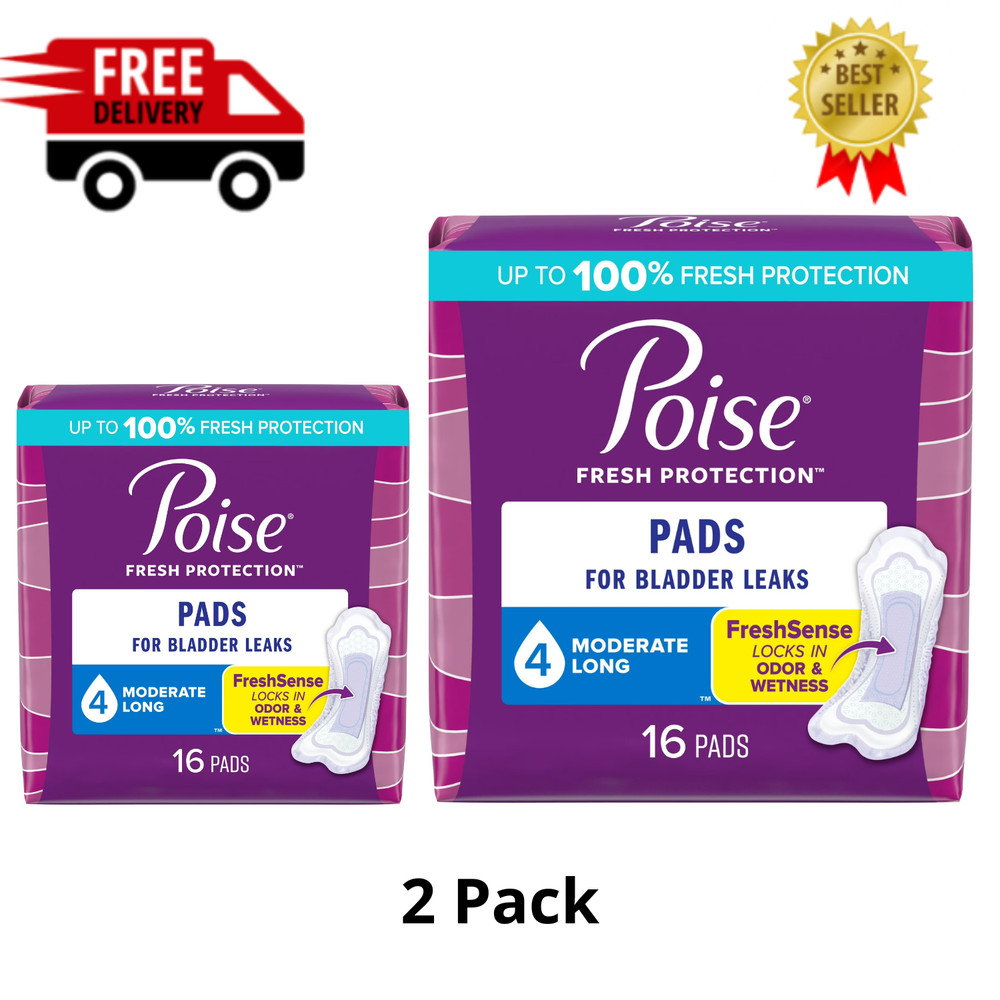 5pk Poise Incontinence Pads for Women,4Drop Moderate Absorbency,Long Length,16Ct
