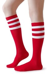Cotton Knee High Socks Triple Stripes Over the Calf Retro 9-13 A01-red/White