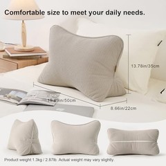 Pat. Pend. Corduroy Lumbar Support Back Pillow for Watching Standard Beige Gray