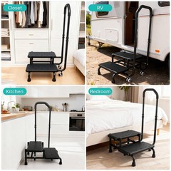 2 Step Stool with Handrail & 2 Casters for Elderly, Bed Steps for High Beds f…