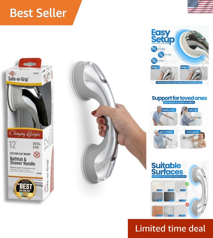 Changing Lifestyles Chrome Suction Cup Grab Bar – 12” Safety Assist Handle