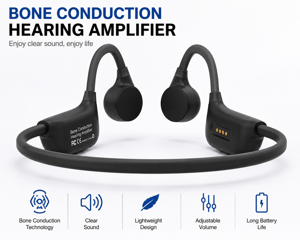 Bone Conduction Hearing Amplifier Headset Adjustable Volume Adults Seniors Black