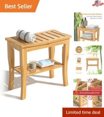 Sturdy Shower Bench with Storage Shelf – Natural Look – 18.9″x18.11″x9.96″