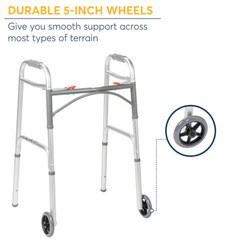 Drive 102101 Deluxe Two Button Folding Walker with 5 inch Wheels – Silver