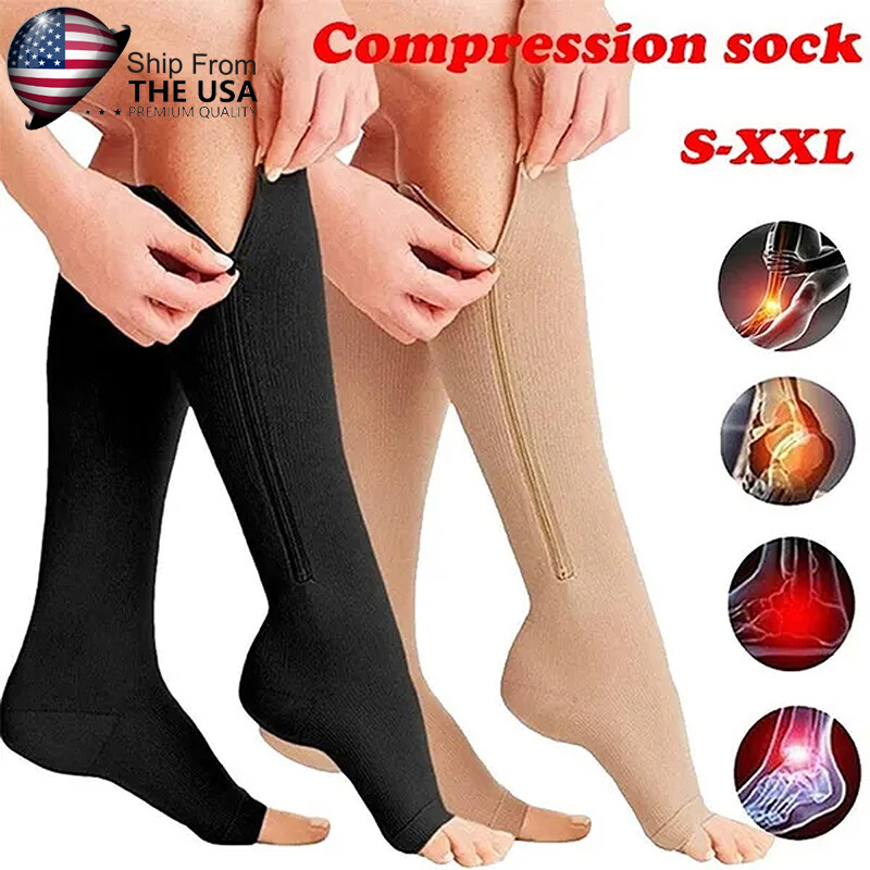 Unisex Compression Socks with Zipper Open Toe Knee Length Stockings Men Women US