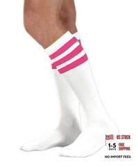 Unisex White Knee High Team Tube Socks with One Size White With Pink Stripes