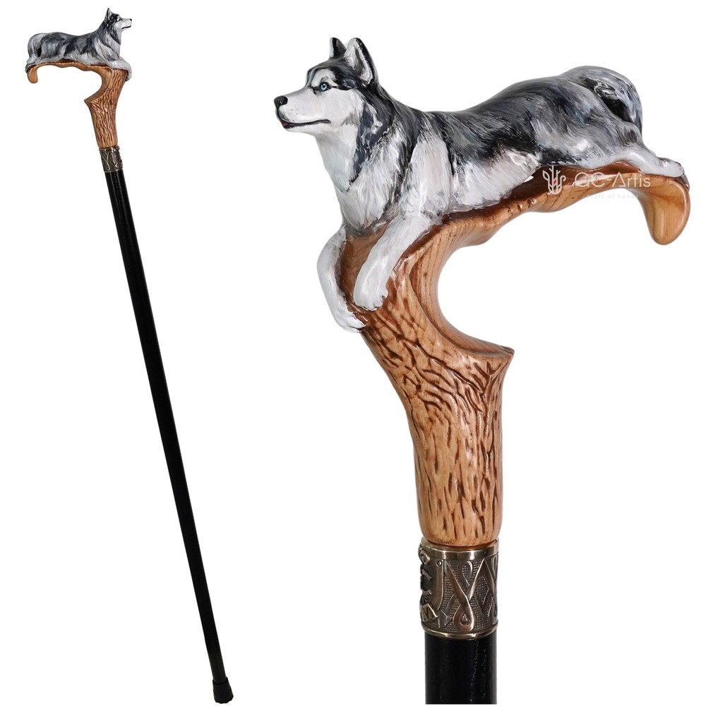 Wooden Cane Walking Stick Husky Dog Cane , Hand-painted Luxury Walking Stick