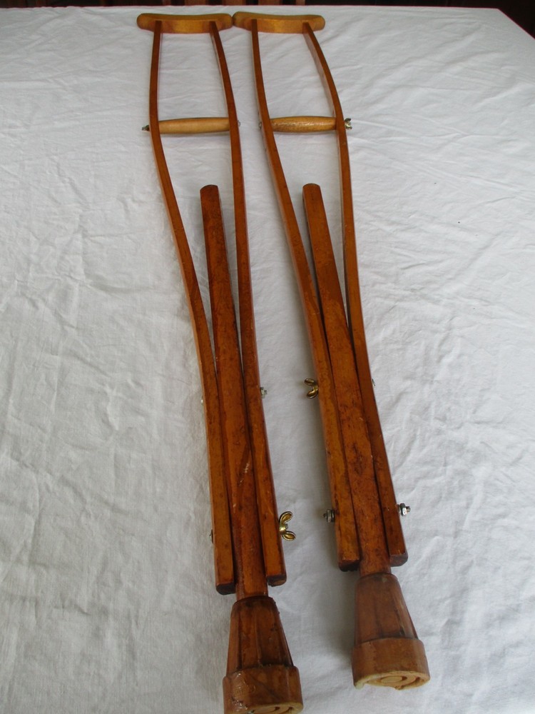 Vintage Pair Of 49″ Wood Crutches Curved Handles Adjustable