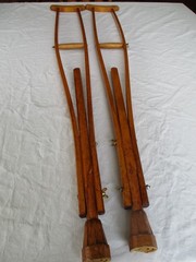 Vintage Pair Of 49″ Wood Crutches Curved Handles Adjustable