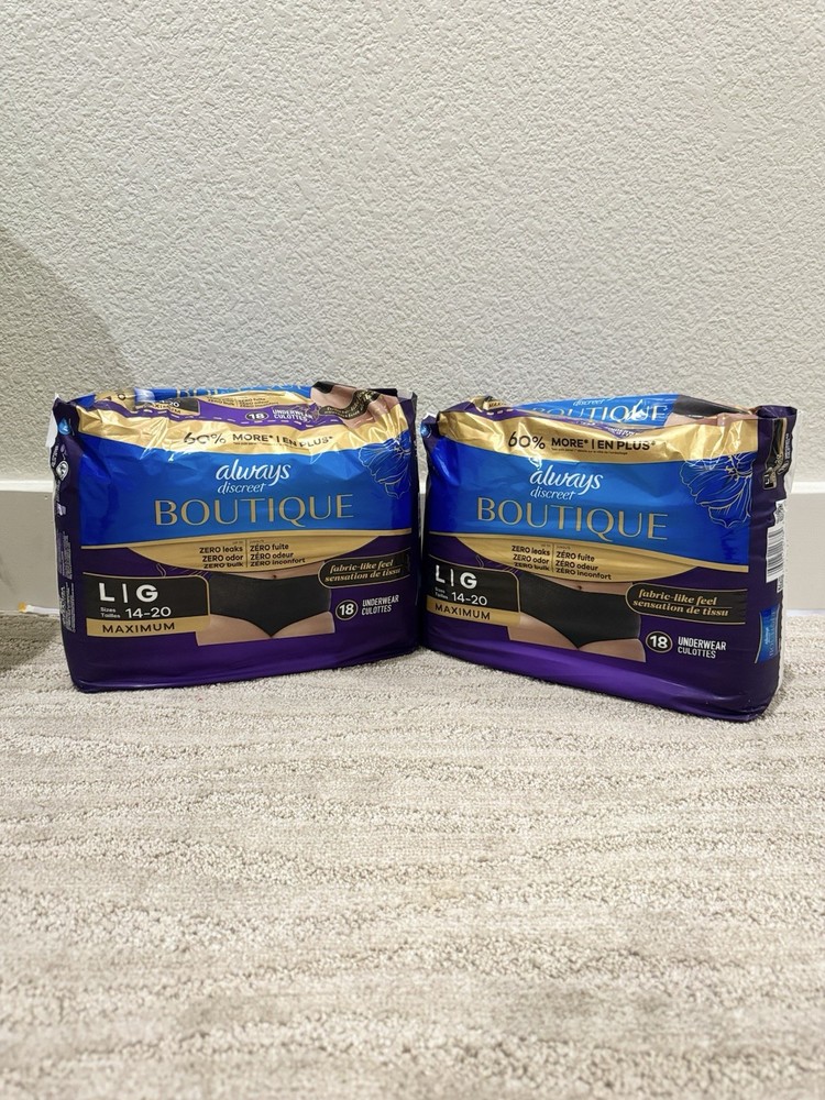 ALWAYS Discreet Boutique Incontinence Underwear. 18 count. 2 Packages. Large