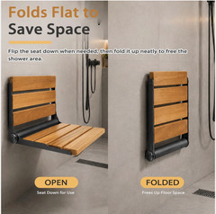 Folding Shower Seat Teak Wood Wall Mount – Black Stainless Steel – 18 inch