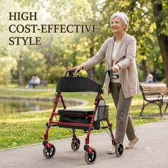 Rollator Walker with Seat for Seniors 350lb Foldable Gift for Parents Red Steel