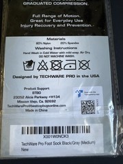 TechWare Pro Compression Ankle/Foot Socks- Size M Unisex; 1 Pair Black/Grey