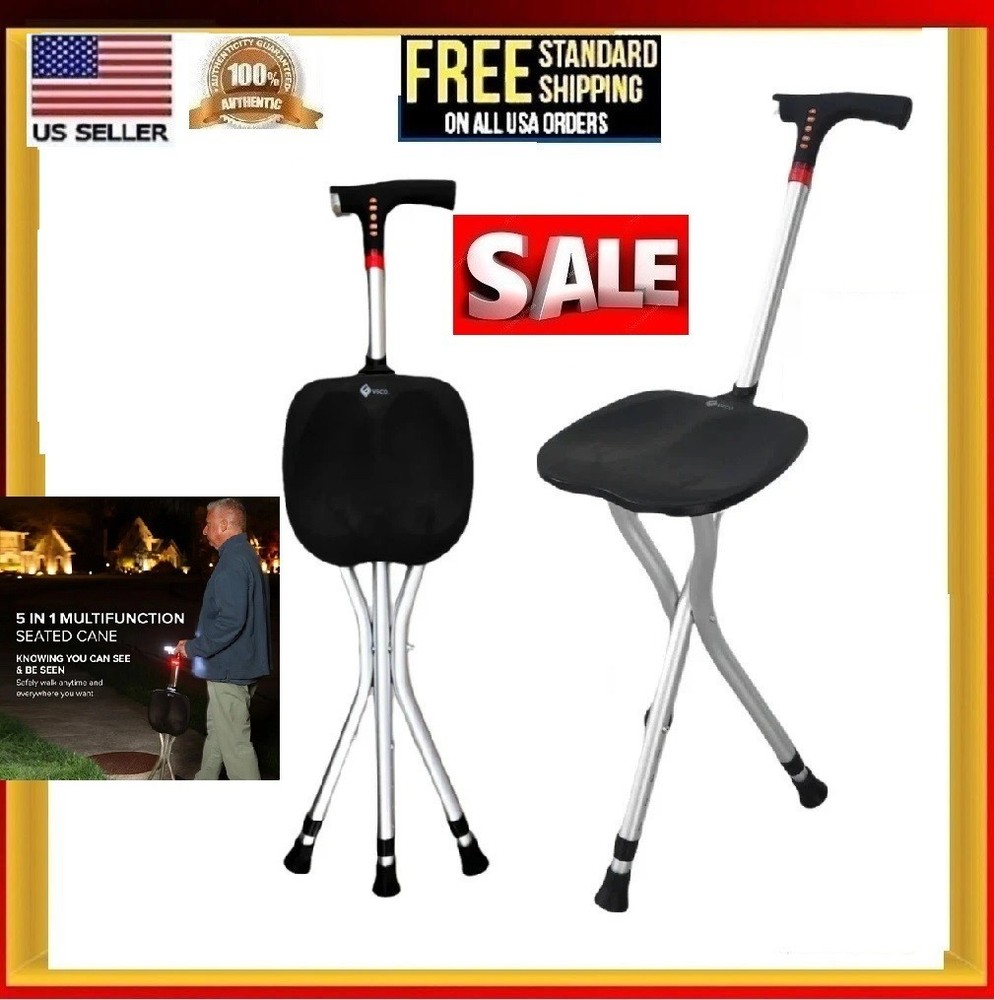 Folding Walking Cane with Tripod Chair Seat Stool Heavy Duty Adjustable Portable