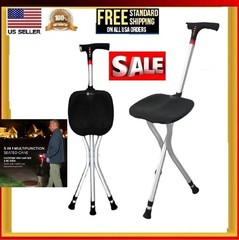 Folding Walking Cane with Tripod Chair Seat Stool Heavy Duty Adjustable Portable