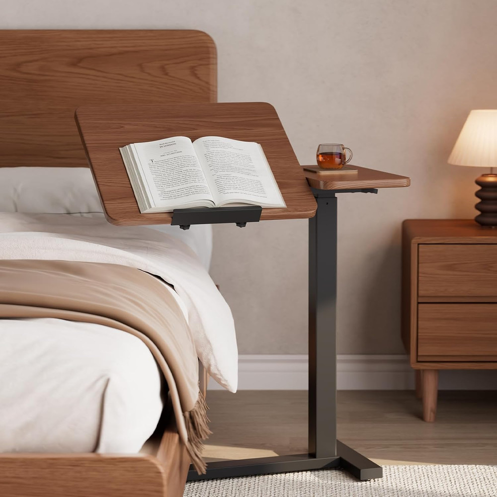 Solid Wood Overbed Bedside Table with Wheels, Tilting Adjustable Hospital Bed Ta
