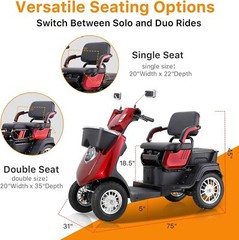 4-Wheel Electric Powered 2-Seat Mobility Scooter 3-Speed Mode for Seniors