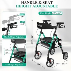 Cosydora HW-R402KD Rollator Walker with Seat, 15 lb Lightweight 8″ Wheels, Green