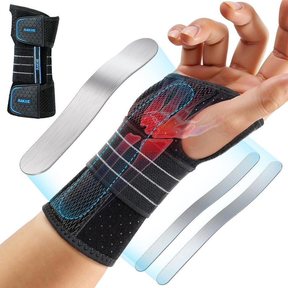 Rakiie Carpal Tunnel Wrist Brace Right Hand Blue 3 Metal Splints Support