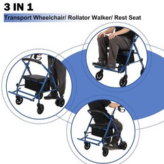 Rollator Walker 300 lbs. 31 to 35″ Handle Height 2 in 1 Walker Wheelchair Combo