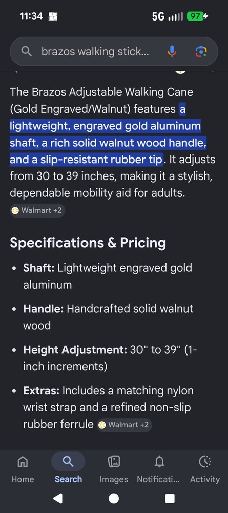 Adjustable Elegant Gold Walking Cane Made of Lightweight Engraved Aluminum: NEW!