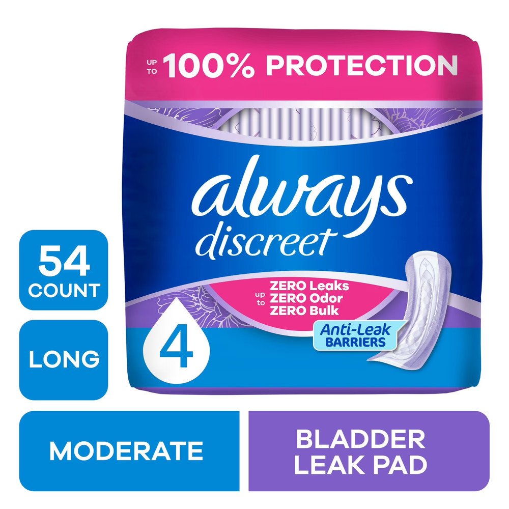 Always Discreet Incontinence Pads for Women Moderate Absorbency Long Length 54