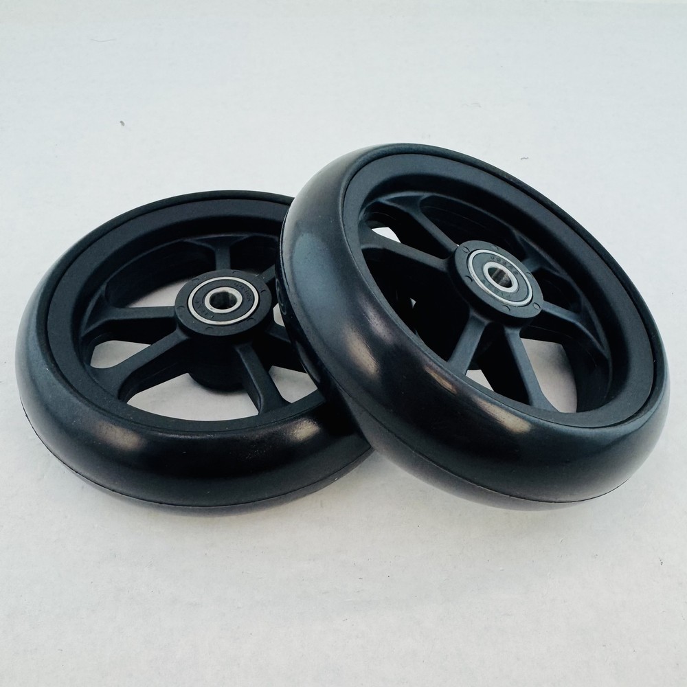 Wheelchair Caster Wheels Pair 5 Spoke 608RS Bearings Solid Black Power / Manual
