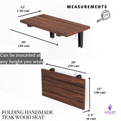 Wall Mounted Folding Shower Bench, Hidden Handmade Teak Wood Floating Seat
