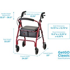NOVA Classic Rollator Walker for Seniors, Lightweight Adjustable Height RED