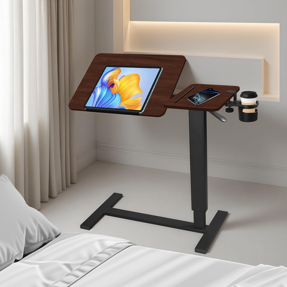 Adjustable Overbed Bedside Table with Wheels, Rotatable Desktop Height-Adjust…