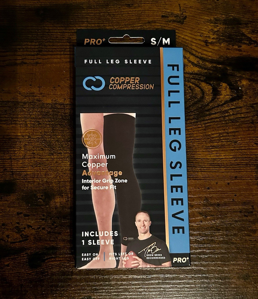 Copper Compression Pro+ Full Leg Compression Sleeve S/M Black Moisture Wicking