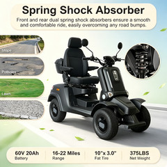 1000W Heavy Duty 4 Wheel Mobility Scooters 60V Max Weight Capacity 800 lbs BLACK