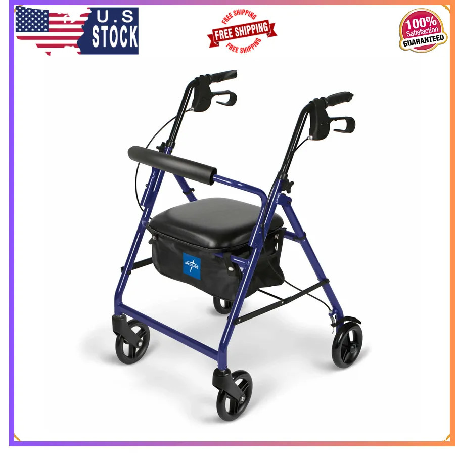 Medline Lightweight Aluminum Rollator Folding Walker 6 Inch Wheels 250lb Blue
