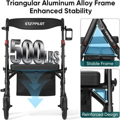Steppliot Rollator Walker for Seniors Adults with Seat Backrest Black Max 500 Lb