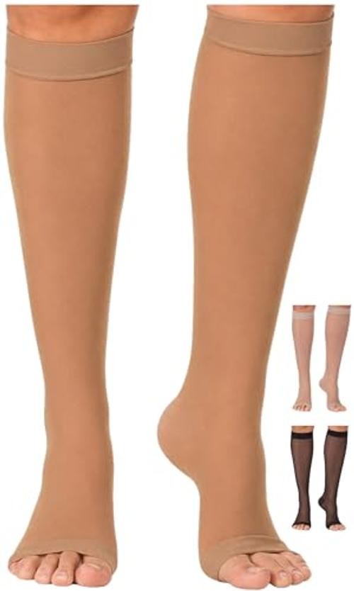 Made in USA – Sheer Compression Socks for Women 20-30mmHg Open Toe Medium Beige