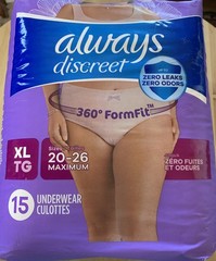 Always Discreet Underwear XL (Size 20-26). 15 Count Zero Leaks Or Odors