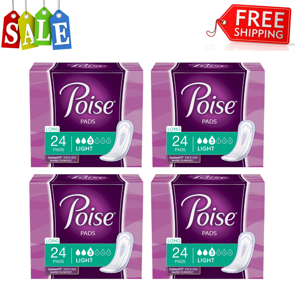 Poise Incontinence Pads for Women, Light 3 Drop, Long Length, 4 Pack (96 Count)