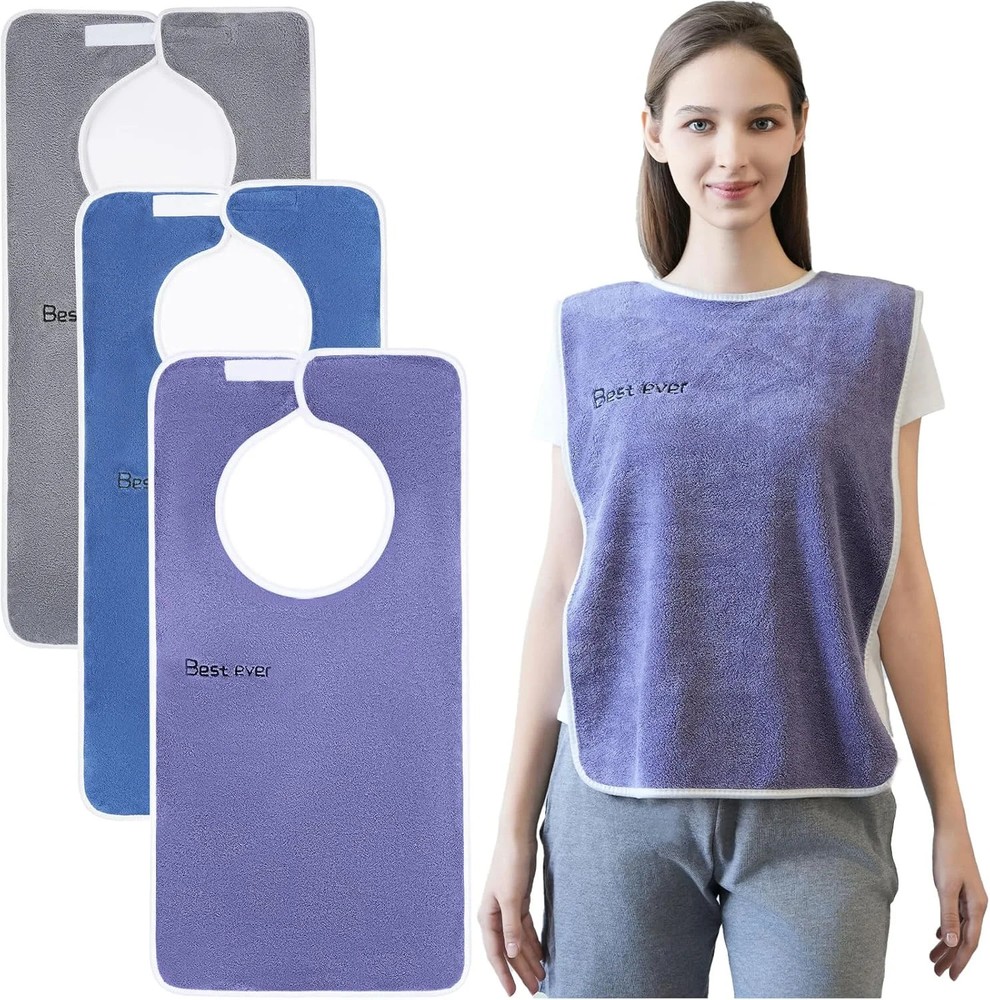 3 Pack Adult Bibs, Microfiber Super Soft Eating Cloth for Adults, Disabled, Adju