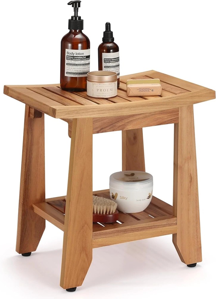 Compact Teak Shower Bench with Storage Shelf – Waterproof & Non-Slip Seat