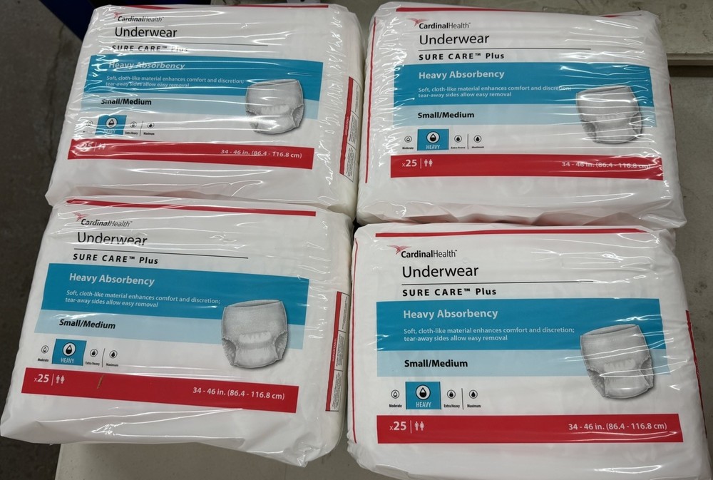 4 Packs Of 25 Covidien Disposable Underwear Small / Medium 34-46 100 Count 1605R