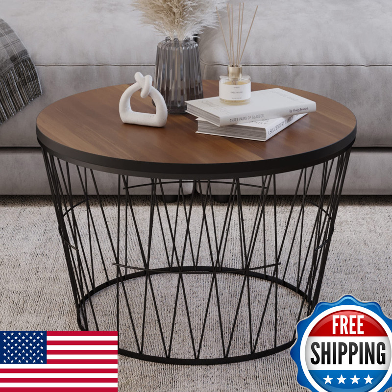 Lavish Home Round Coffee Table Geometric Metal Base – Small Modern Accent