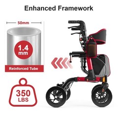 Walkers for Seniors, Rollator Walker with Seat, 350 lb Weight Capacity, Red
