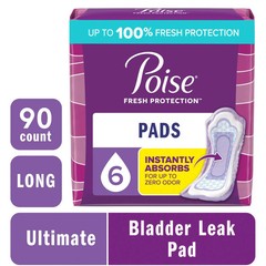 Poise Incontinence Pads for Women, 6 Drop Ultimate Absorbency,Long Length, 90 Ct