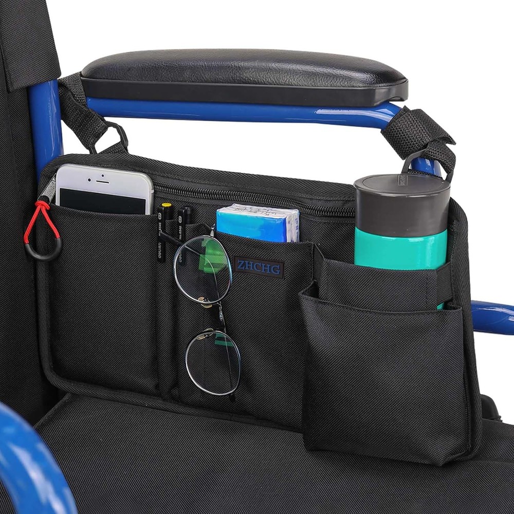 Wheelchair Side Bag with Cup Holder, Armrest Pouch Black