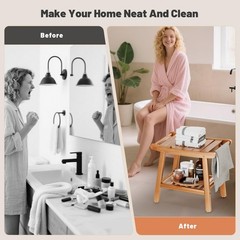 Waterproof Bamboo Shower Bench Stool with Storage Shelf – Spa Bathroom Chair