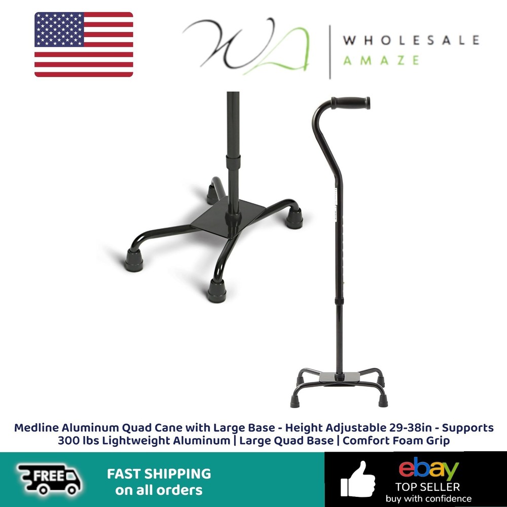 Medline Aluminum Quad Cane with Large Base – Height Adjustable 29-38in – Support
