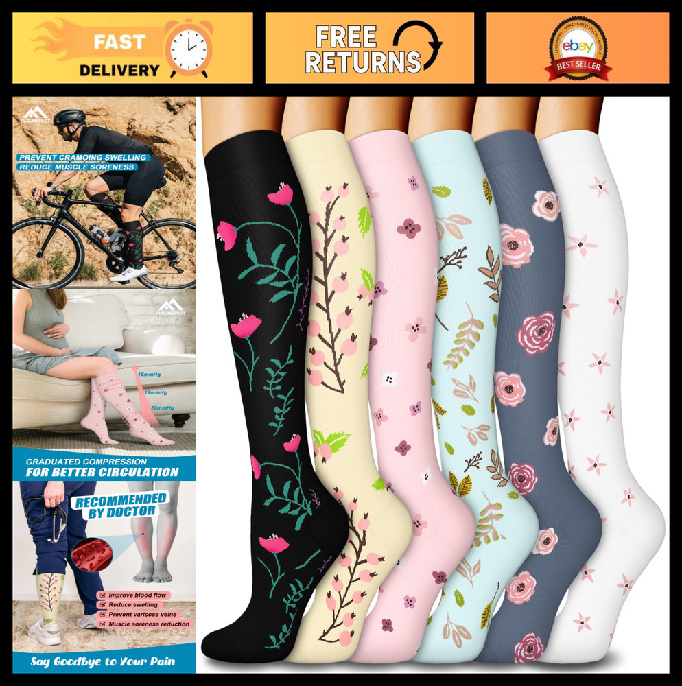 6 Pairs Compression Socks 15-20mmHg Knee High Support for Men & Women, Travel, A