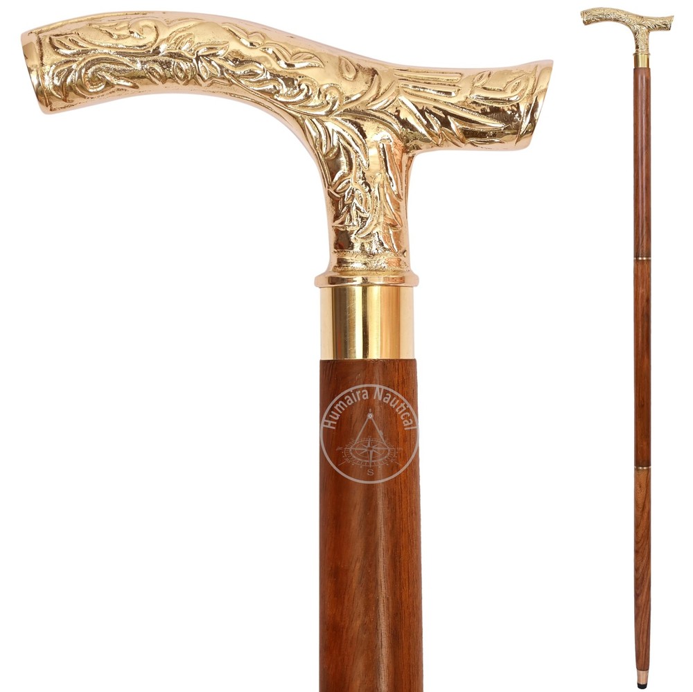 Vintage Brass Walking Stick – Handmade Wooden Cane with Solid Brass Handle – Ant