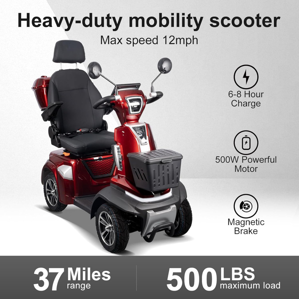 4-Wheel Mobility Scooter 500W for Adults & Seniors, 500LBS 12.4mph 25-37 Miles