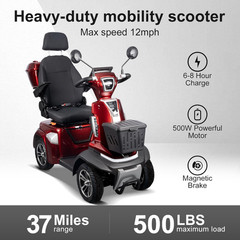4-Wheel Mobility Scooter 500W for Adults & Seniors, 500LBS 12.4mph 25-37 Miles